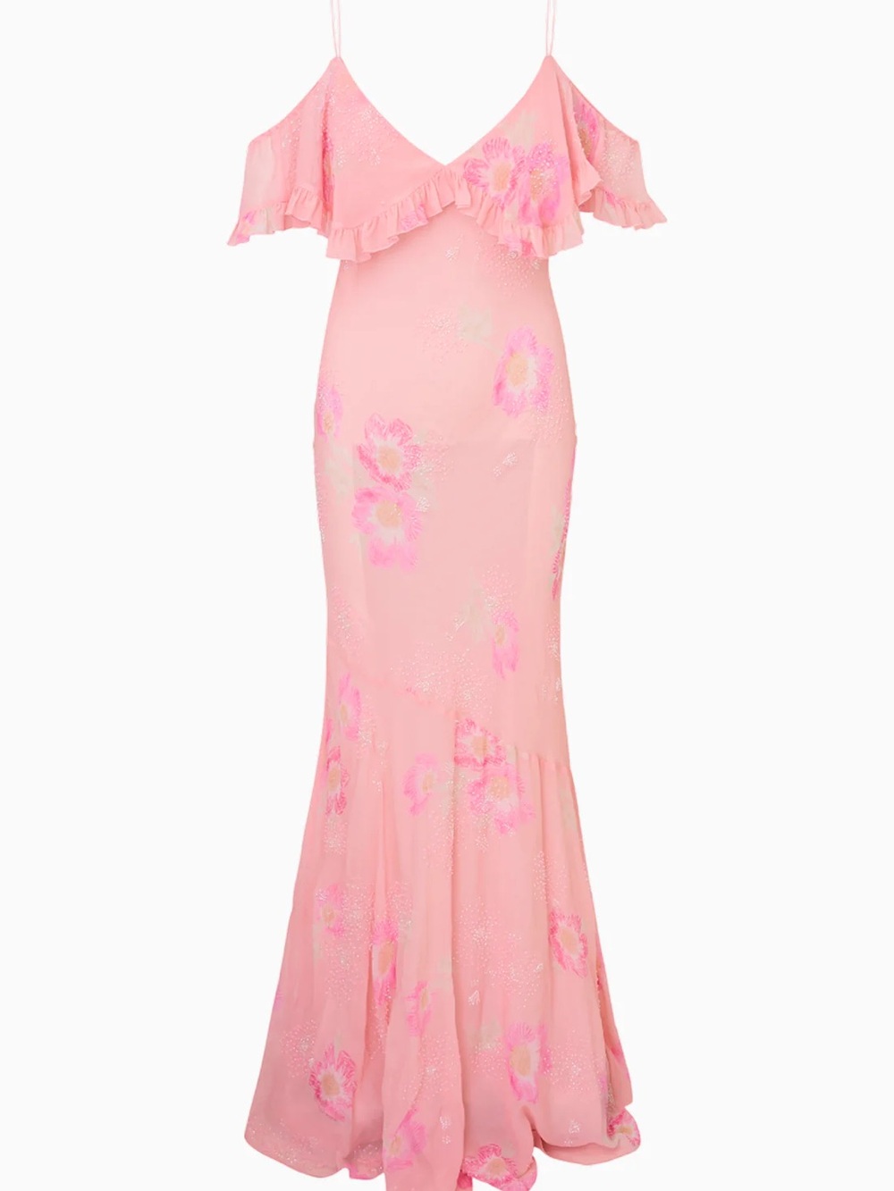 LoveShackFancy Librae Pink Floral Ruffle Cold-Shoulder Maxi Gown